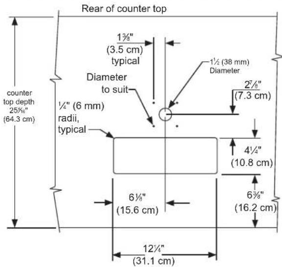 Rear of counter top 1¾" (3.5 cm) typical Diameter to suit ½" (6 mm) radii, typical 1½ (38 mm) Diameter 2¾" (7.3 cm) 4¼" (10.8 cm) 6¾" (15.6 cm) 6¾" (16.2 cm) 12¼" (31.1 cm) counter top depth 25¾" (64.3 cm)