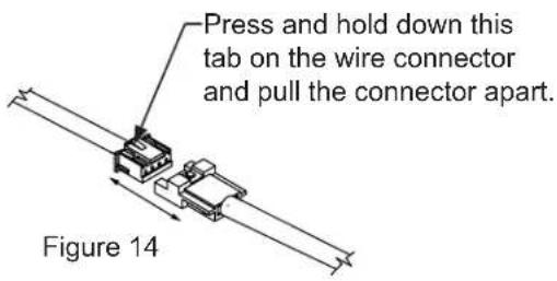 Press and hold down this tab on the wire connector and pull the connector apart. Figure 14