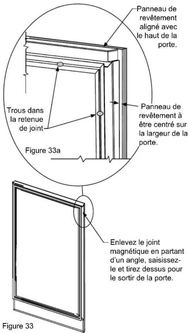 Panneau de revêtement aligné avec le haut de la porte. Trous dans la retenue de joint Figure 33a Panneau de revêtement à être centré sur la largeur de la porte. Enlevez le joint magnétique en partant d'un angle, saisissez-le et tirez dessus pour le sortir de la porte. Figure 33