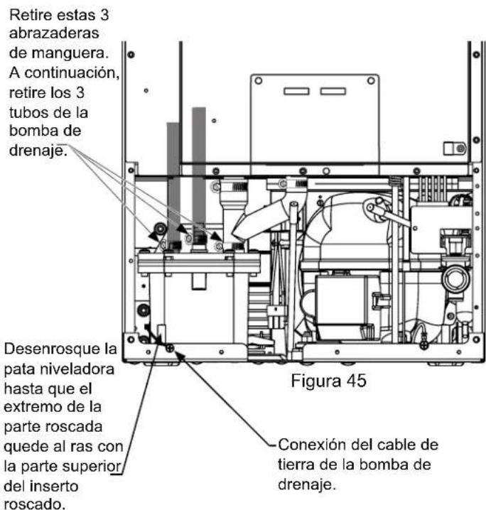 Retire estas 3 abrazaderas de manguera. A continuación, retire los 3 tubos de la bomba de drenaje. Desenrosque la pata niveladora hasta que el extremo de la parte roscada quede al ras con la parte superior del inserto roscado. Figura 45 Conexión del cable de tierra de la bomba de drenaje.