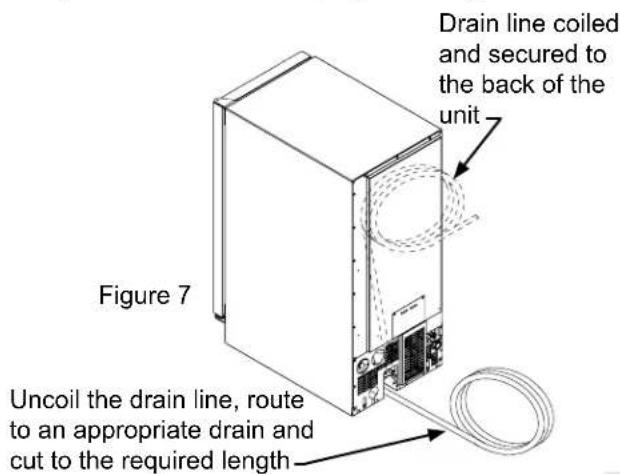 Drain line coiled and secured to the back of the unit Figure 7 Uncoil the drain line, route to an appropriate drain and cut to the required length