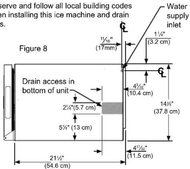 serve and follow all local building codes on installing this ice machine and drain s. Figure 8 Water supply inlet 1½" (3.2 cm) 1½" (17mm) Drain access in bottom of unit 4³/₃₂" (10.4 cm) 14½" (37.8 cm) 5½" (13 cm) 4¹⁷/₃₂" (11.5 cm) 2½" (54.6 cm)