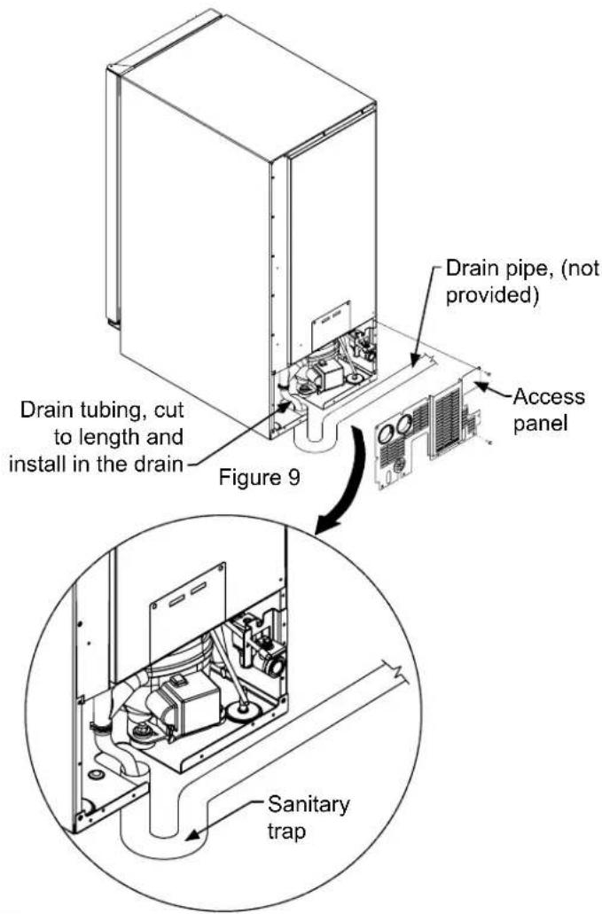 Drain tubing, cut to length and install in the drain Figure 9 Drain pipe, (not provided) Access panel Sanitary trap