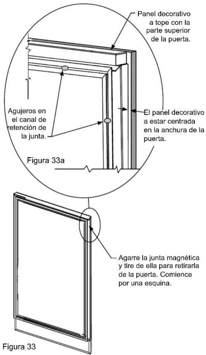 Panel decorativo a tope con la parte superior de la puerta. Agueros en el canal de retención de la junta. El panel decorativo a estar centrada en la anchura de la puerta. Figura 33a Agarre la junta magnética y tire de ella para retirarla de la puerta. Comience por una esquina. Figura 33