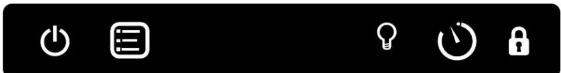 Black background toolbar with white function icons: power, menu, lightbulb, timer, and lock