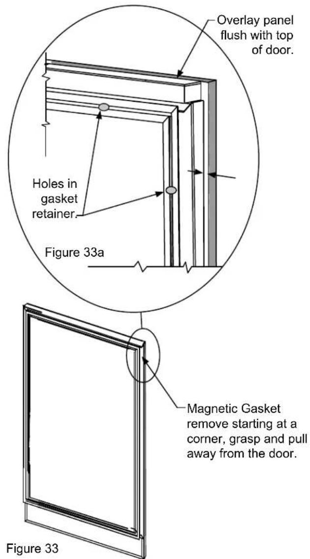 Overlay panel flush with top of door. Holes in gasket retainer. Figure 33a Magnetic Gasket remove starting at a corner, grasp and pull away from the door. Figure 33