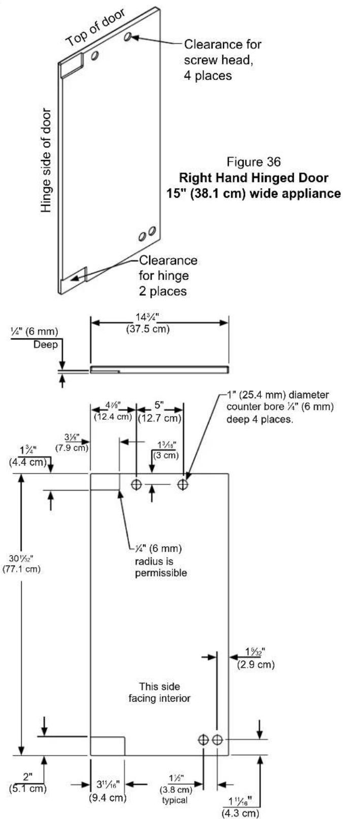 Top of door Clearance for screw head, 4 places Figure 36 Right Hand Hinged Door 15" (38.1 cm) wide appliance Hinge side of door Clearance for hinge 2 places ½" (6 mm) Deep 14¾" (37.5 cm) 4¾" (12.4 cm) 5" (12.7 cm) 1" (25.4 mm) diameter counter bore ¼" (6 mm) deep 4 places. 3½" (7.9 cm) 1¾" (4.4 cm) ½" (6 mm) radius is permissible 30½" (77.1 cm) This side facing interior 2" (5.1 cm) 3½" (9.4 cm) 1½" (3.8 cm) typical 1½" (4.3 cm)