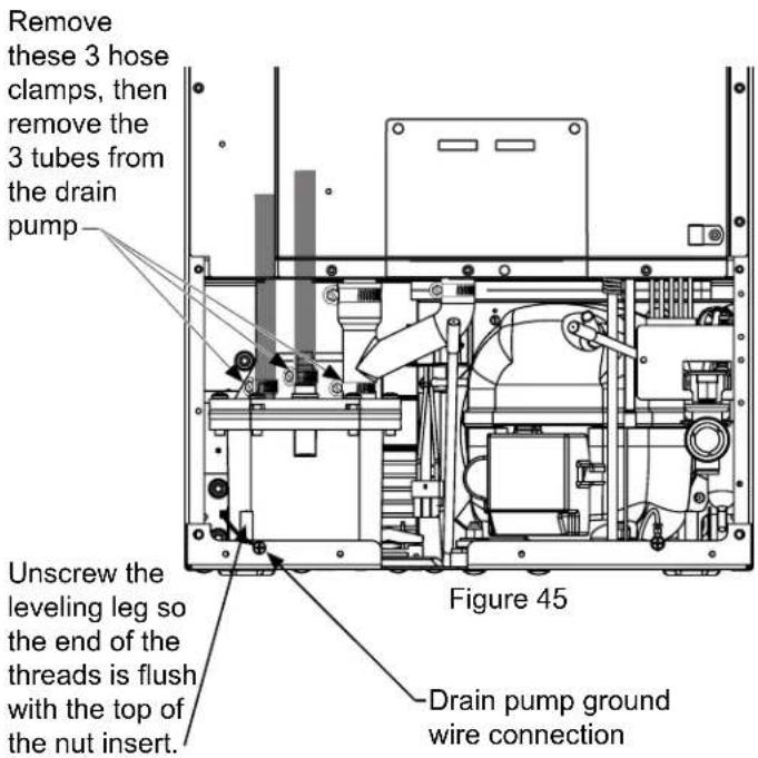 Remove these 3 hose clamps, then remove the 3 tubes from the drain pump Unscrew the leveling leg so the end of the threads is flush with the top of the nut insert. Figure 45 Drain pump ground wire connection