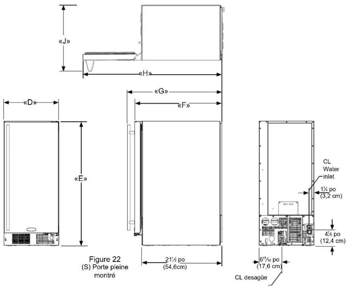 «J» «H» «G» «F» «D» «E» Figure 22 (S) Porte pleine montré 21½ po (54,6cm) CL desagüe CL Water inlet 1¼ po (3,2 cm) 4½ po (12,4 cm) 6½ po (17,6 cm)