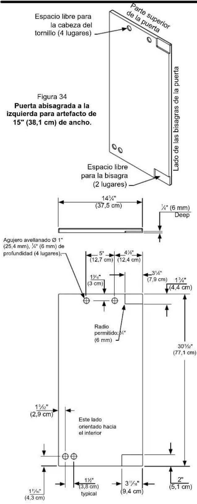 Espacio libre para la cabeza del tornillo (4 lugares) Parte superior de la puerta Lado de las bisagras de la puerta Figura 34 Puerta abisagrada a la izquierda para artefacto de 15" (38,1 cm) de ancho. Espacio libre para la bisagra (2 lugares) 14¾" (37,5 cm) ¼" (6 mm) Deep Agujero avellanado Ø 1" (25,4 mm), ½" (6 mm) de profundidad (4 lugares), 5" (12,7 cm) 4½" (12,4 cm) 1¾" (3 cm) 3½" (7,9 cm) 1¾" (4,4 cm) Radio permitido: ¼" (6 mm) 30½" (77,1 cm) 1½" (2,9 cm) Este lado orientado hacia el interior 1½" (3,8 cm) typical 3½" (9,4 cm) 2" (5,1 cm)