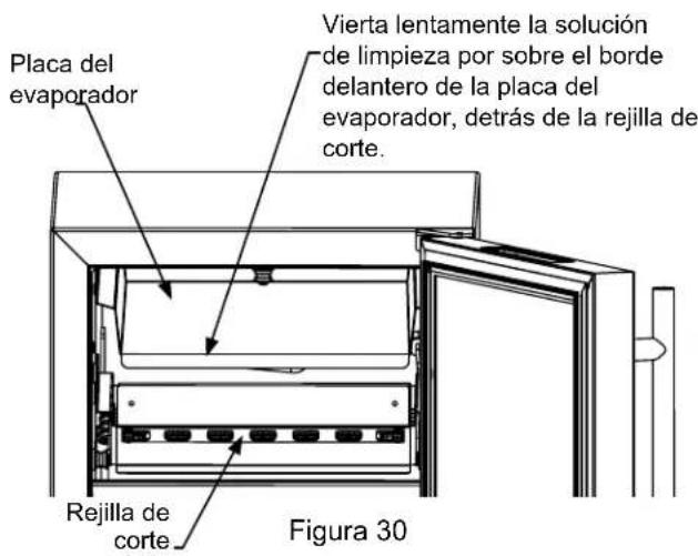 Placa del evaporador Vierta lentamente la solución de limpieza por sobre el borde delantero de la placa del evaporador, detrás de la rejilla de corte. Rejilla de corte Figura 30