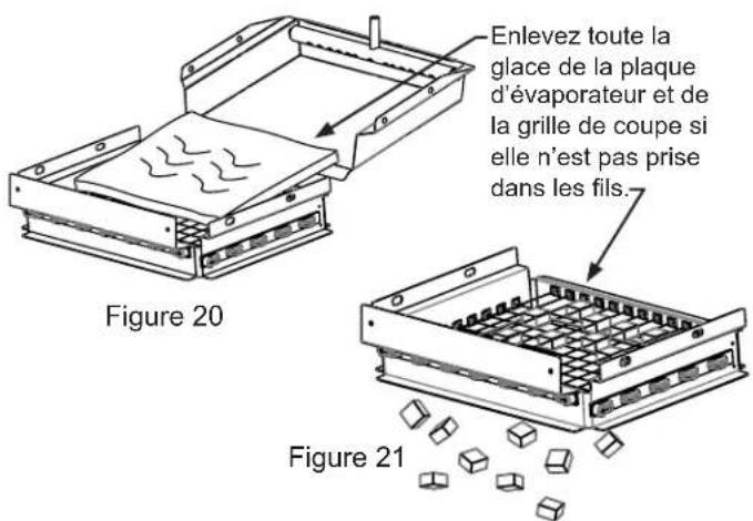 Enlevez toute la glace de la plaque d'évaporateur et de la grille de coupe si elle n'est pas prise dans les fils. Figure 20 Figure 21