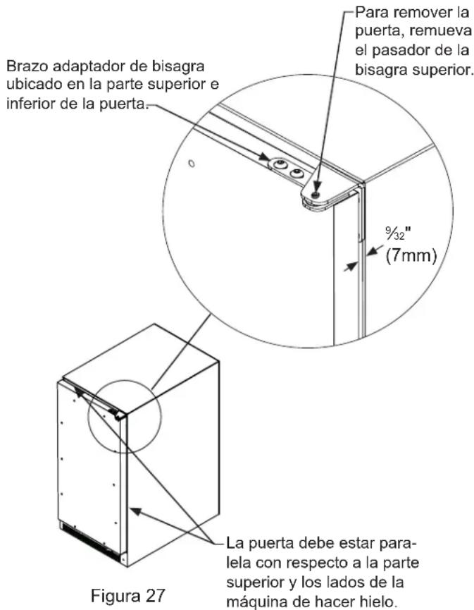 Brazo adaptador de bisagra ubicado en la parte superior e inferior de la puerta. Para remover la puerta, remueva el pasador de la bisagra superior. %32" (7mm) La puerta debe estar para- lela con respecto a la parte superior y los lados de la máquina de hacer hielo. Figura 27