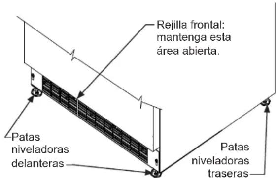 Rejilla frontal: mantenga esta área abierta. Patas niveladoras delanteras Patas niveladoras traseras