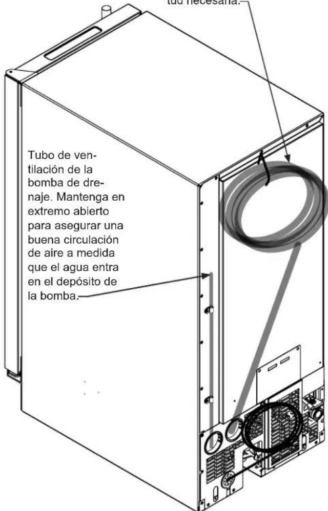 Tubo de ven- tilación de la bomba de dre- naje. Mantenga en extremo abierto para asegurar una buena circulación de aire a medida que el agua entra en el depósito de la bomba.