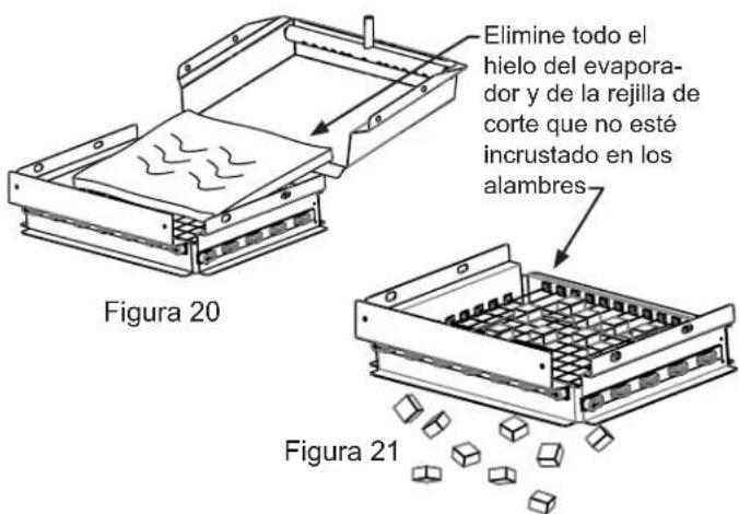 Elimine todo el hielo del evapora- dor y de la rejilla de corte que no esté incrustado en los alambres Figura 20 Figura 21