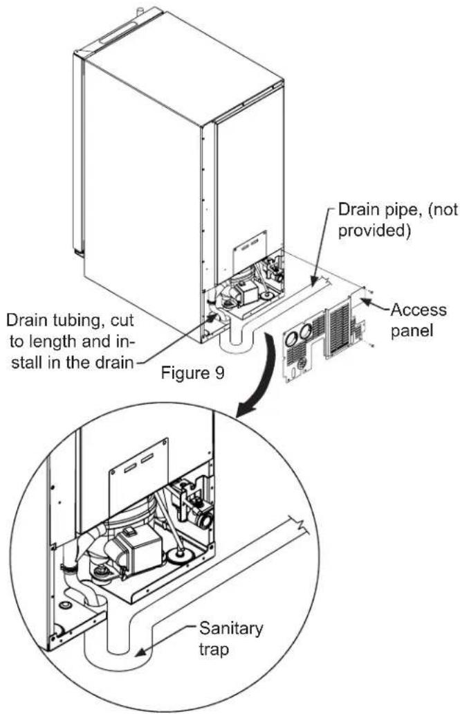 Drain tubing, cut to length and install in the drain Figure 9 Drain pipe, (not provided) Access panel Sanitary trap