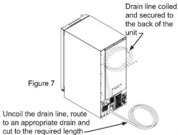 Drain line coiled and secured to the back of the unit Figure 7 Uncoil the drain line, route to an appropriate drain and cut to the required length
