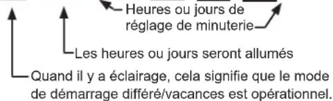 Heures ou jours de réglage de minuterie Les heures ou jours seront allumés Quand il y a éclairage, cela signifie que le mode de démarrage différé/vacances est opérationnel.