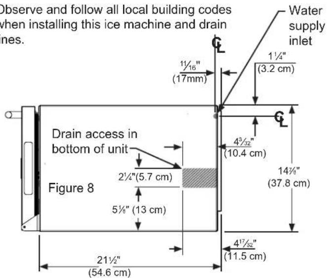 Observe and follow all local building codes when installing this ice machine and drain ines. Water supply inlet 1½" (3.2 cm) 1½" (17mm) 4³/³₂" (10.4 cm) 14½" (37.8 cm) Drain access in bottom of unit Figure 8 2½"(5.7 cm) 5½" (13 cm) 4¹⁷/³₂" (11.5 cm) 21½" (54.6 cm)
