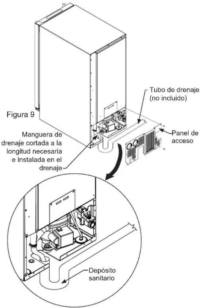 Figura 9 Manguera de drenaje cortada a la longitud necesaria e instalada en el drenaje Tubo de drenaje (no incluido) Panel de acceso Depósito sanitario