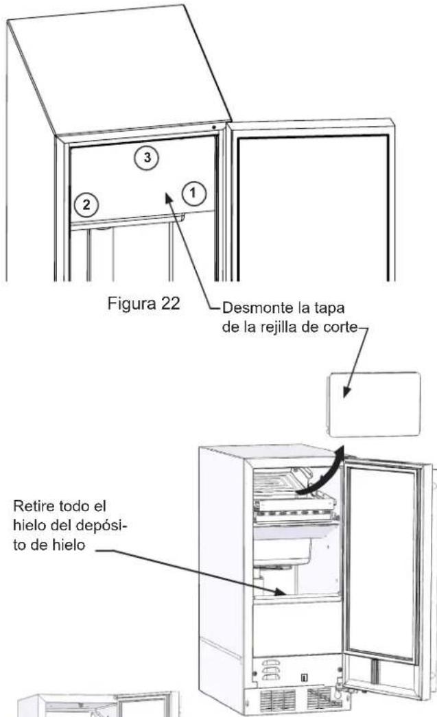 Figura 22 Desmonte la tapa de la rejilla de corte Retire todo el hielo del depósi- to de hielo