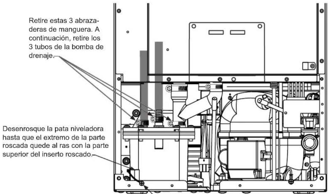 Retire estas 3 abraza- deras de manguera. A continuación, retire los 3 tubos de la bomba de drenaje. Desenrosque la pata niveladora hasta que el extremo de la parte roscada quede al ras con la parte superior del inserto roscado.