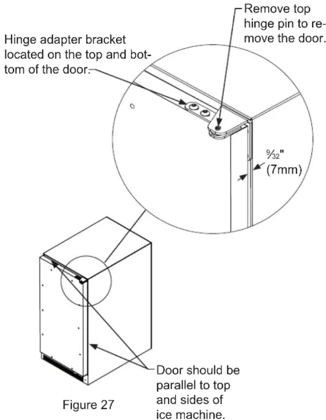 Hinge adapter bracket located on the top and bot- tom of the door. Remove top hinge pin to re- move the door. %32" (7mm) Figure 27 Door should be parallel to top and sides of ice machine.
