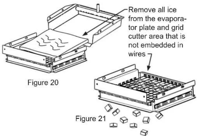 Remove all ice from the evopora- tor plate and grid cutter area that is not embedded in wires Figure 20 Figure 21