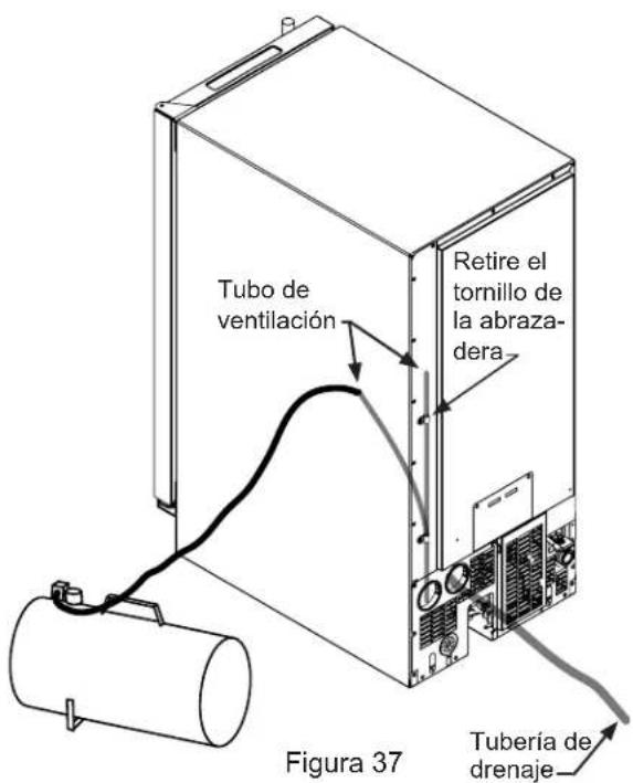 Tubo de ventilación Retire el tornillo de la abraza- dera Figura 37 Tubería de drenaje