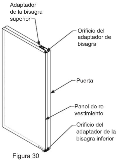 Adaptador de la bisagra superior Orificio del adaptador de bisagra Puerta Panel de re- vestimiento Orificio del adaptador de la bisagra inferior Figura 30