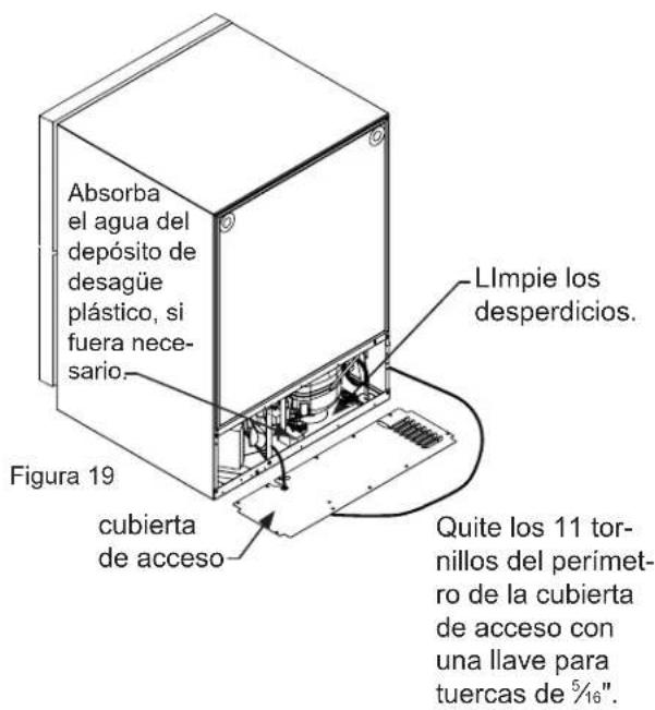 Absorba el agua del depósito de desagüe plástico, si fuera necesario. Figura 19 LImpie los desperdicios. cubierta de acceso Quite los 11 tornillos del perímetro de la cubierta de acceso con una llave para tuercas de \( \frac{5}{16} \)”.