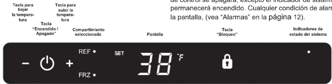 Tecla para bajar la temperatura Tecla para subir la tempera- tura Tecla "Encendido / Apagado" Compartimiento seleccionado Pantalla Tecla "Bloqueo" Indicadores de estado del sistema REF • SET 38 °F FRZ •