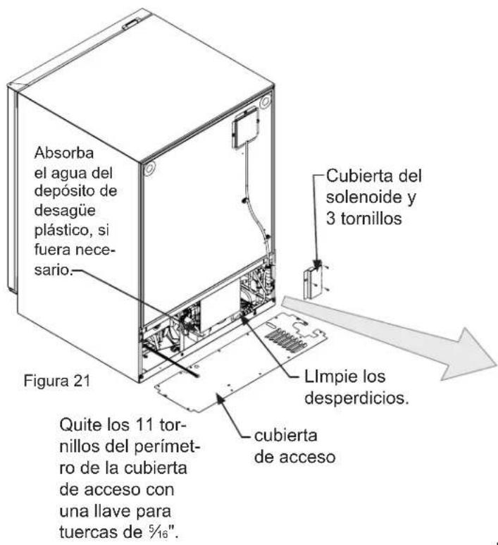 Absorba el agua del depósito de desagüe plástico, si fuera necesario. Cubierta del solenoide y 3 tornillos Figura 21 Quite los 11 tornillos del perímetro de la cubierta de acceso con una llave para tuercas de 5/16". Limpie los desperdicios. cubierta de acceso