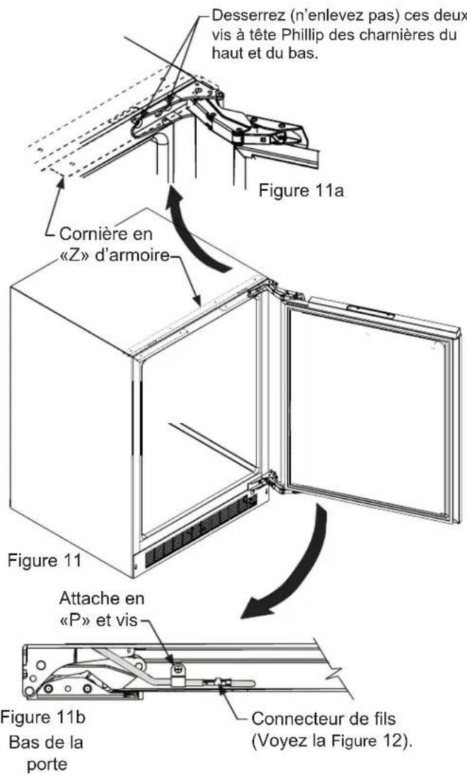 Desserrez (n'enlevez pas) ces deux vis à tête Phillip des charnières du haut et du bas. Figure 11a Cornière en «Z» d'armoire Figure 11 Attache en «P» et vis Figure 11b Bas de la porte Connecteur de fils (Voyez la Figure 12).