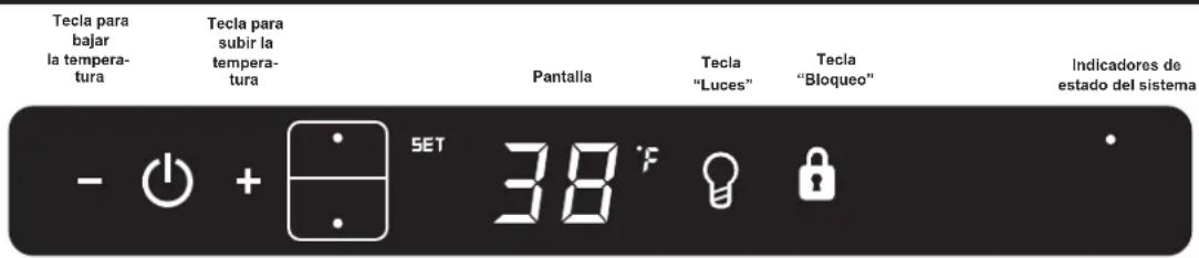 Tecla para bajar la tempera- tura Tecla para subir la tempera- tura Pantalla Tecla "Luces" Tecla "Bloqueo" Indicadores de estado del sistema - + SET 38°F