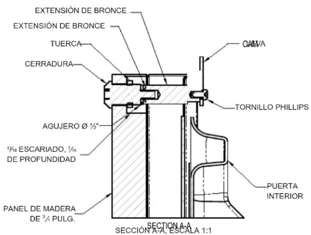 EXTENSIÓN DE BRONCE EXTENSIÓN DE BRONCE TUERCA CERRADURA AGUJERO Ø ½" 1½/8 ESCARIADO, 7½/8 DE PROFUNDIDAD PANEL DE MADERA DE 3/4 PULG. QUAVA TORNILLO PHILLIPS PUERTA INTERIOR SECTION A-A SECCIÓN A-A, ESCALA 1:1