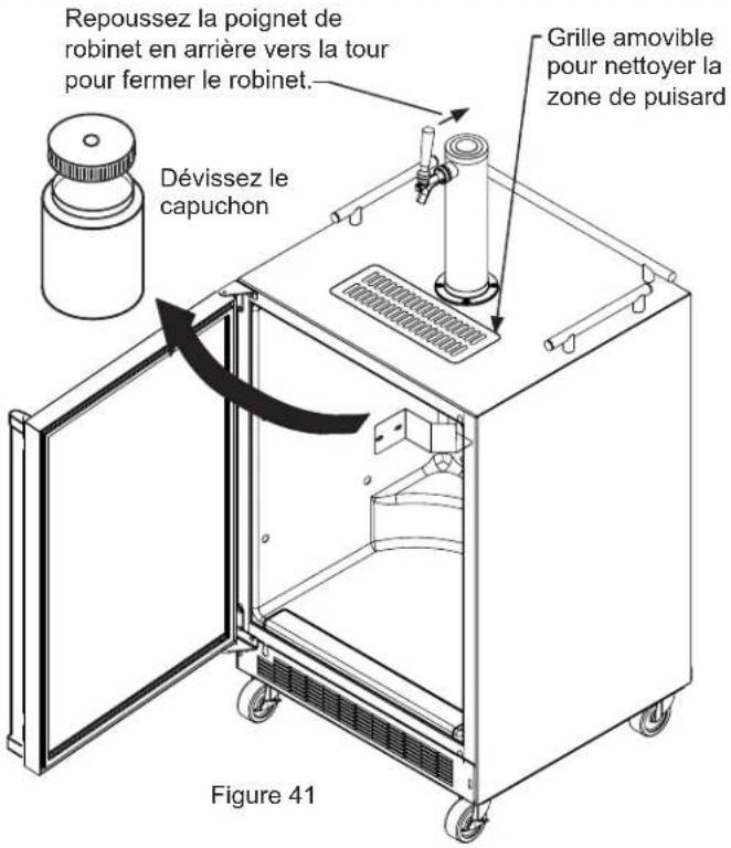 Repoussez la poignet de robinet en arrière vers la tour pour fermer le robinet. Dévissez le capuchon Grille amovible pour nettyer la zone de puisard Figure 41