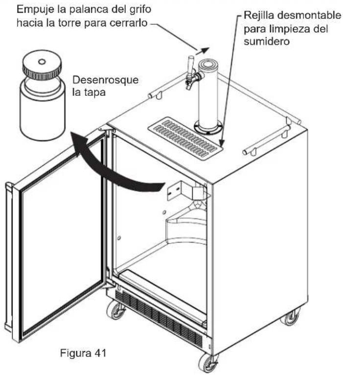 Empuje la palanca del grifo hacia la torre para cerrarlo Desenrosque la tapa Rejilla desmontable para limpieza del sumidero Figura 41