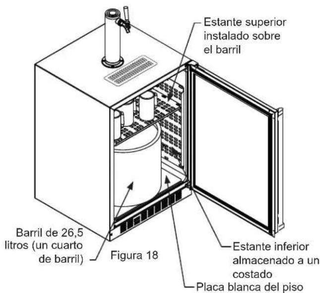 Estante superior instalado sobre el barril Barril de 26,5 litros (un cuarto de barril) Figura 18 Estante inferior almacenado a un costado Placa blanca del piso