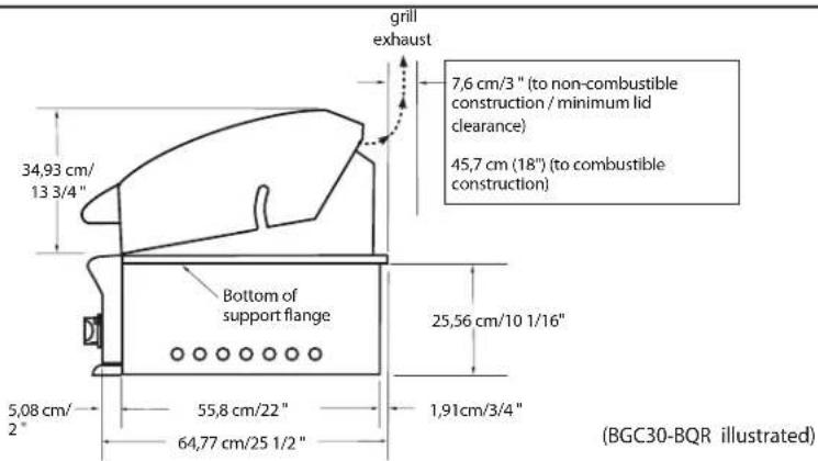 grill exhaust 34,93 cm/ 13 3/4 " 7,6 cm/3 " (to non-combustible construction / minimum lid clearance) 45,7 cm (18") (to combustible construction) Bottom of support flange 25,56 cm/10 1/16" 5,08 cm/ 2" 55,8 cm/22 " 64,77 cm/25 1/2 " 1,91cm/3/4 " (BGC30-BQR illustrated)