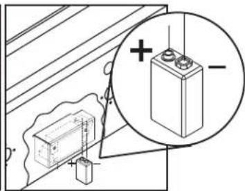 Diagram showing a battery installation setup with an open box and a magnified view of its internal components.