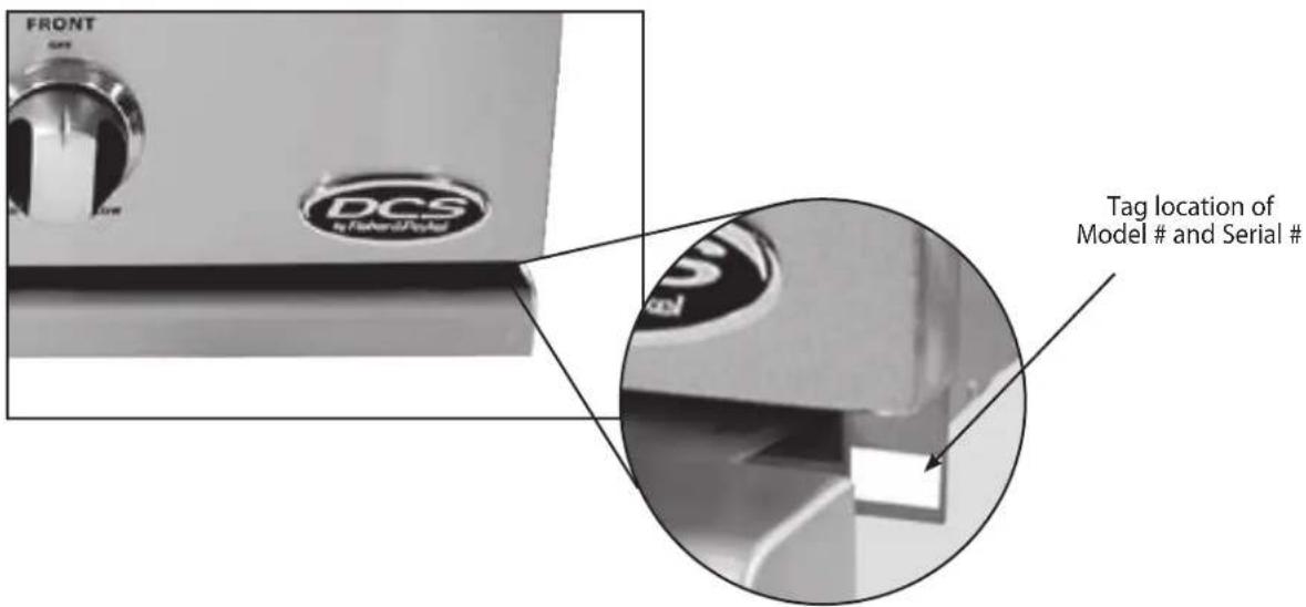 FRONT DCS to Forder#/Model Tag location of Model # and Serial #
