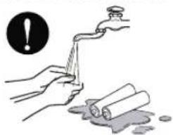 Illustration of hands using a tool to clean or wash material, with a warning symbol above (no text or symbols present)