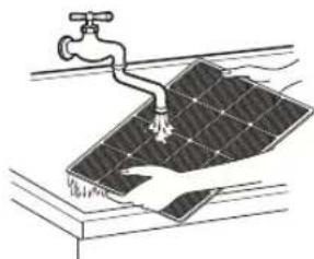 Illustration of a faucet spraying water onto a solar panel (no text or symbols)