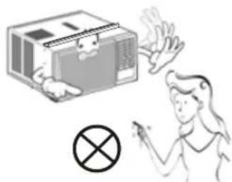 Illustration of a person reacting to a device with a cross symbol (no text or labels)