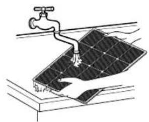 Illustration of a hand washing a solar panel with a faucet above (no text or symbols)