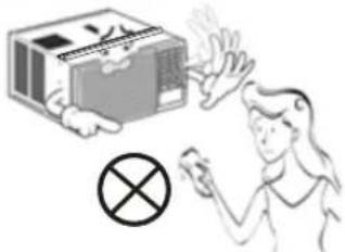 Illustration showing a person using a device to clean a box, with a crossed-out prohibition symbol nearby.