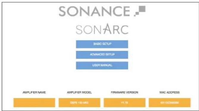 SONANCE SONARC BASIC SETUP ADVANCED SETUP USER MANUAL AMPLIFIER NAME AMPLIFIER MODEL FIRMWARE VERSION MAC ADDRESS DEPS 100 MΩ VT.78 481 ISO/SEM