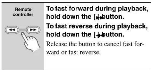 Remote controller To fast forward during playback, hold down the [ ] button. To fast reverse during playback, hold down the [ ] button. Release the button to cancel fast forward or fast reverse.